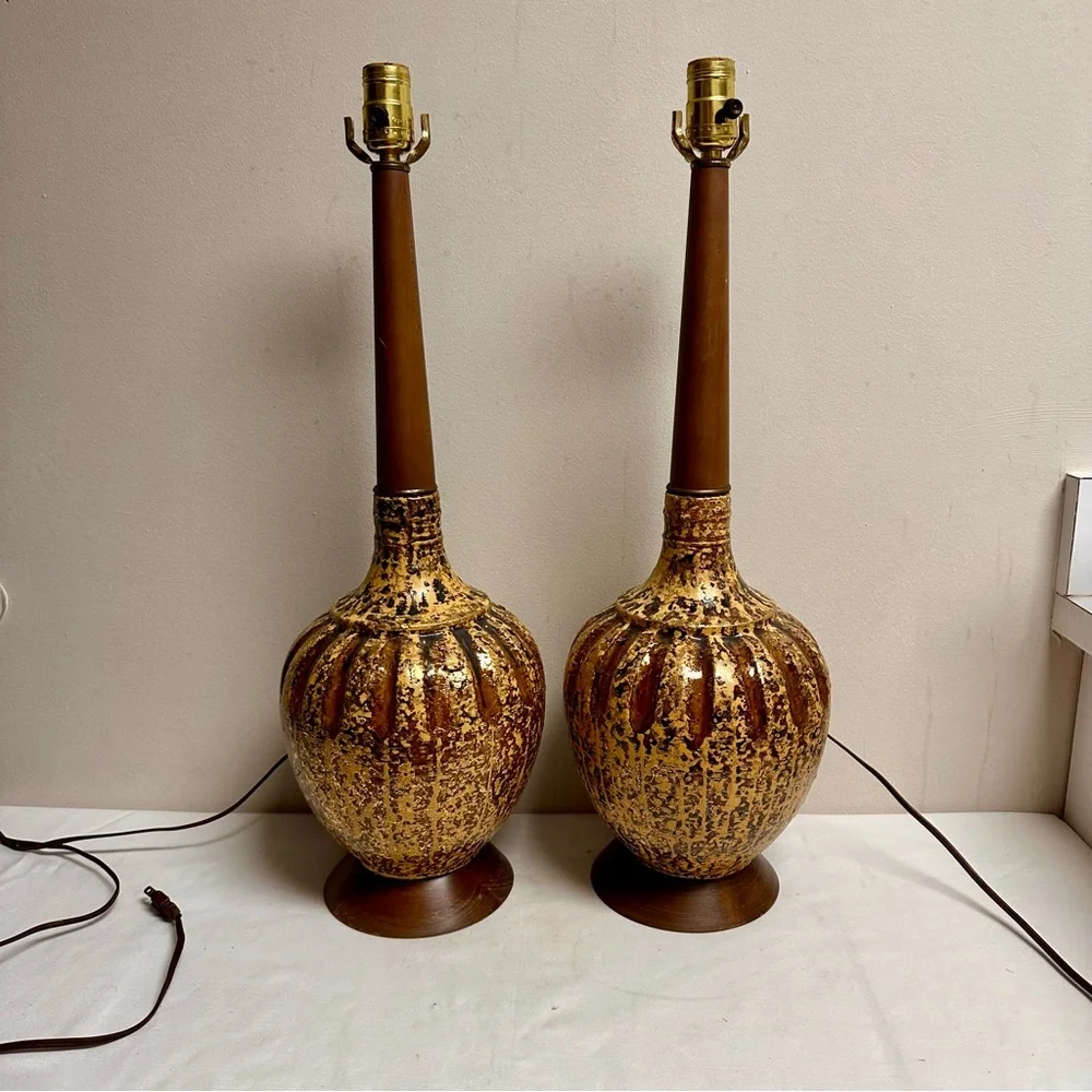 Vintage 50s Mid Century Modern Brown and 24k Accent Gold Ceramic Table Lamps